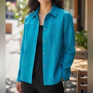 Vintage Teal Button Up Long Sleeve Jacket Size 10 Jacquard Print Southern Lady